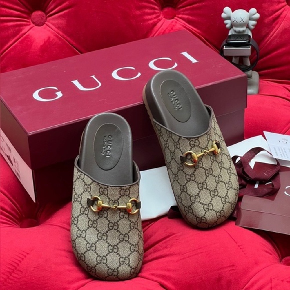 Gucci Women's Tan and Brown GG Pattern Mules